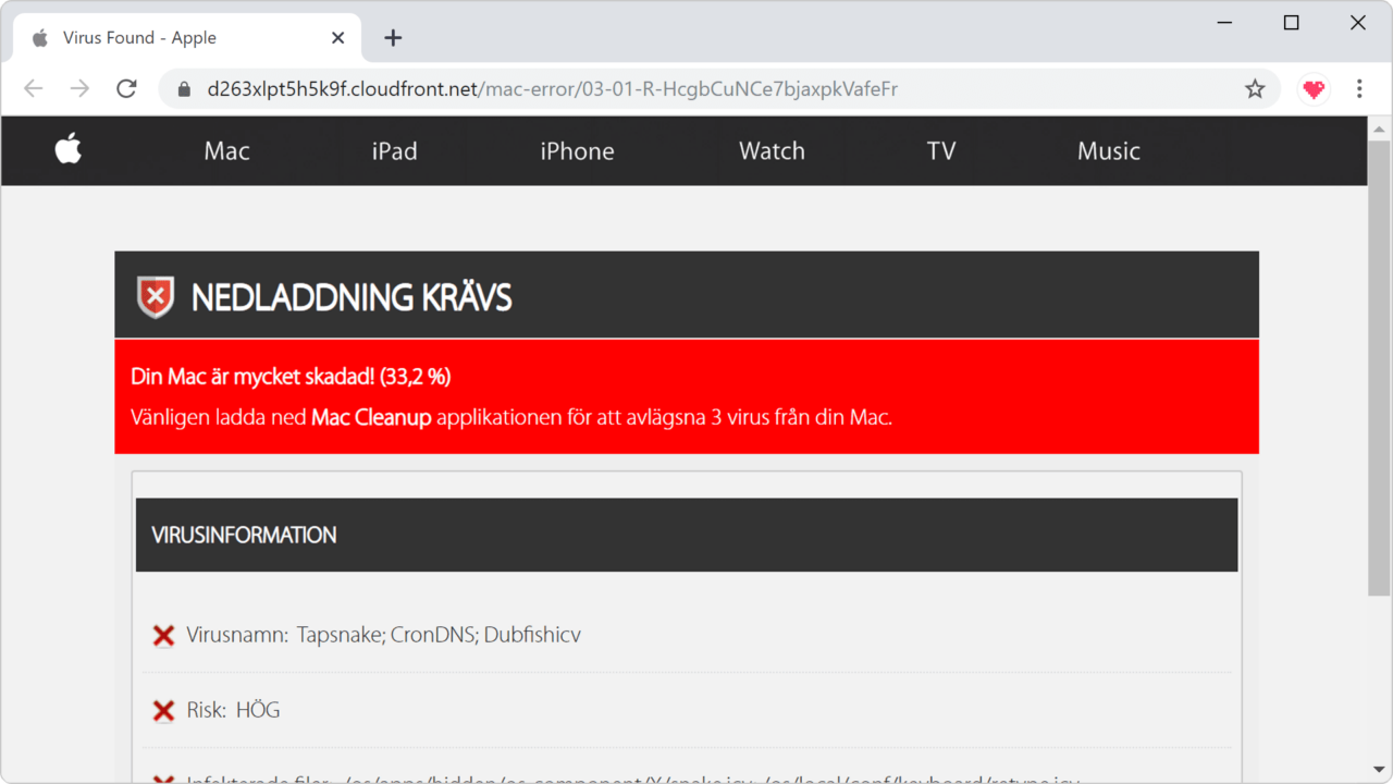 Falsk varning för virus på dator.