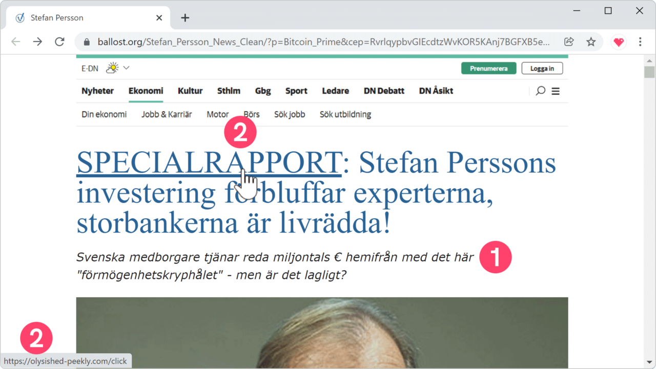 Falsk nyhetsartikel med länk.