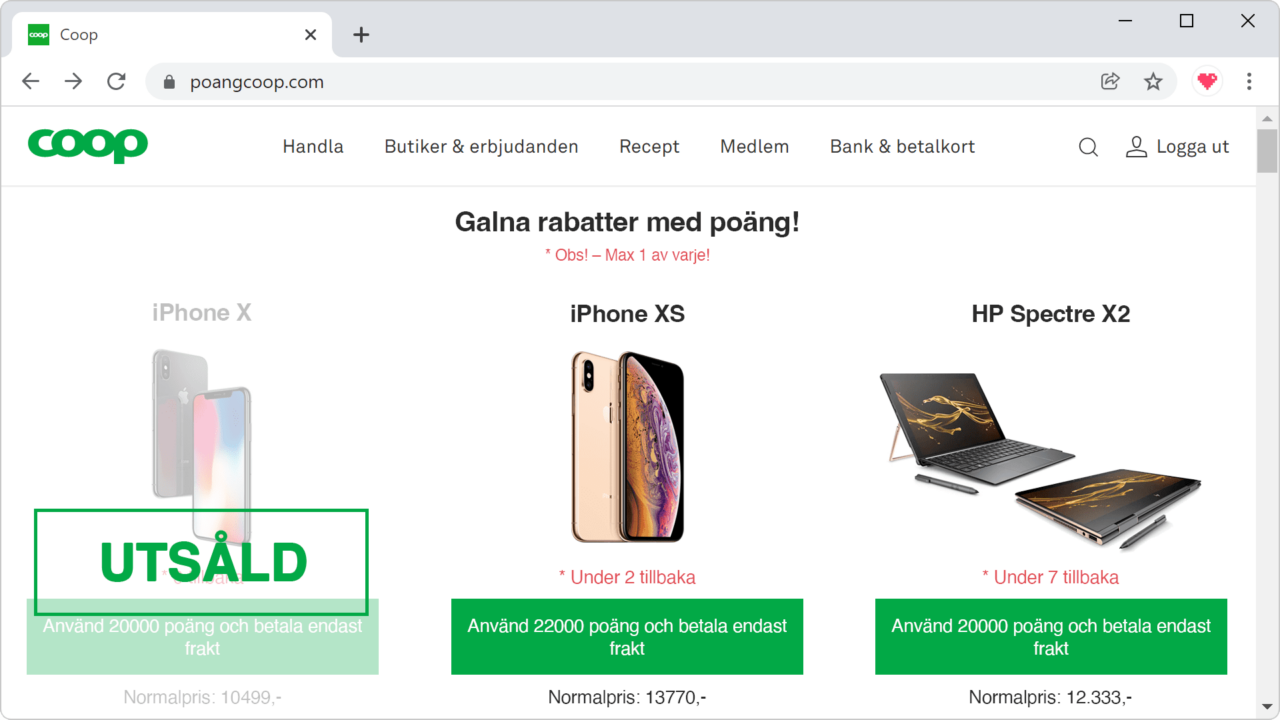 Falsk webbplats som utger sig för att vara Coop.