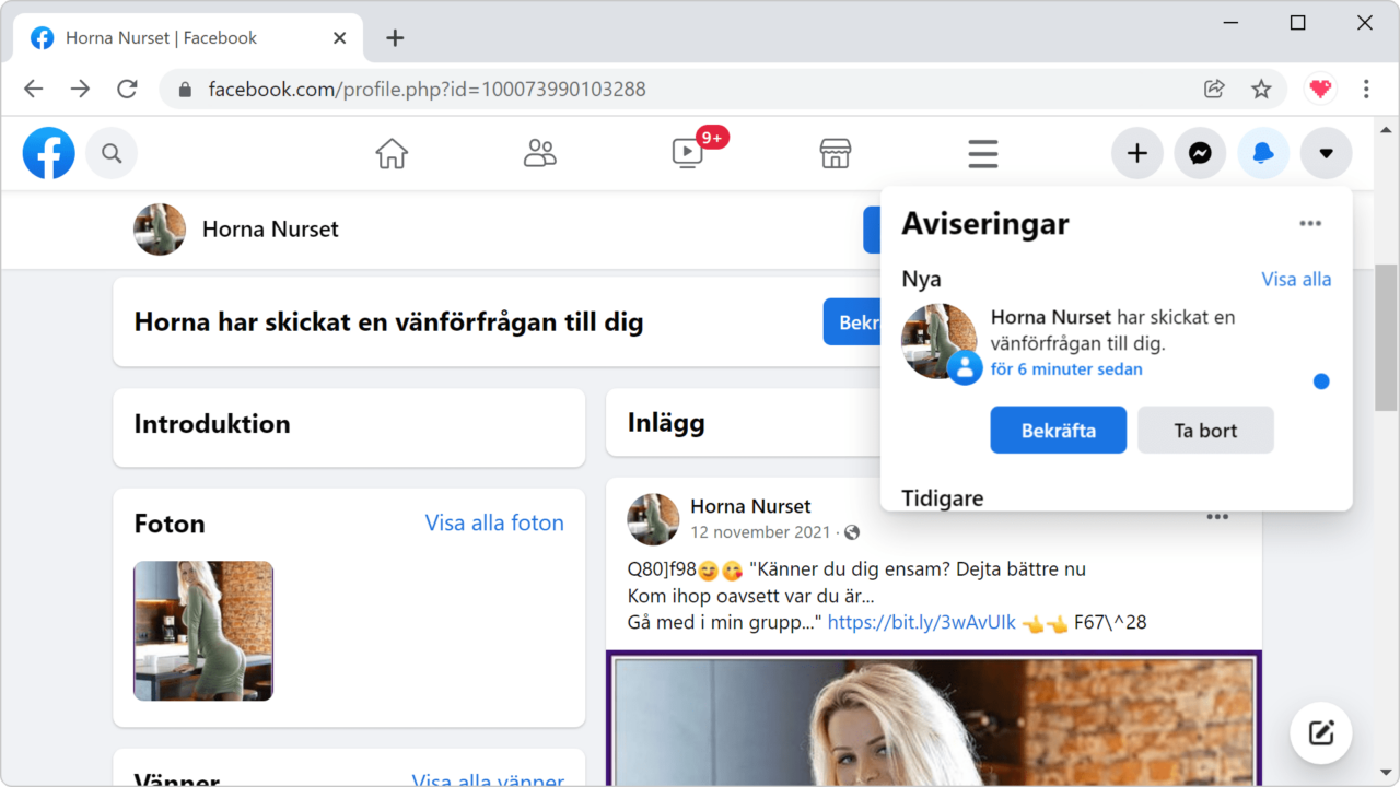 Vänförfrågan från porr-bot på Facebook.