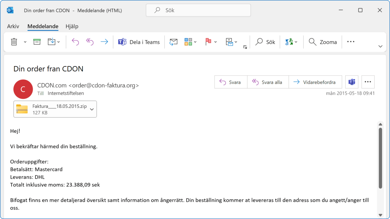 Bluff-mejl med bifogad fil.
