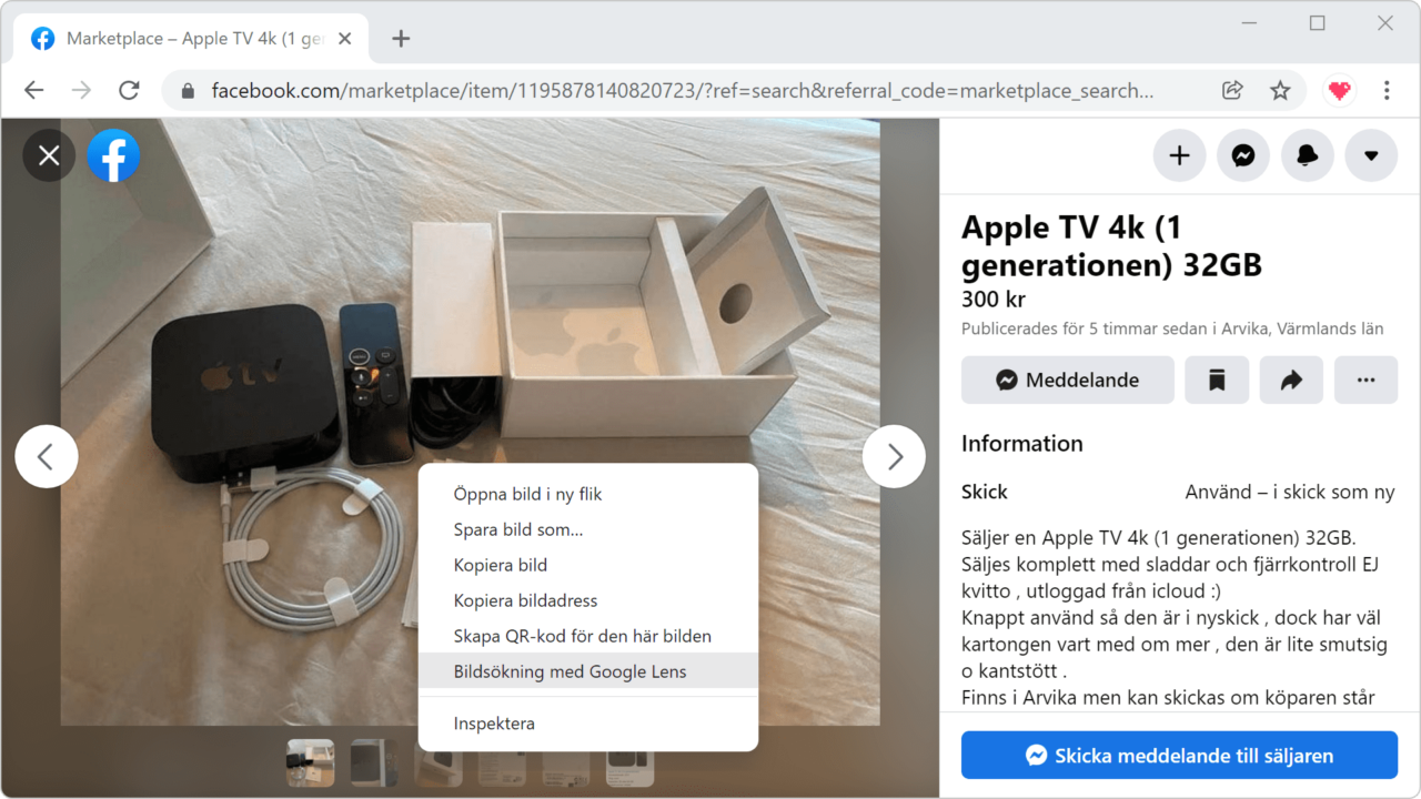 Bild på en annons på Marketplace och hur man bildsöker.
