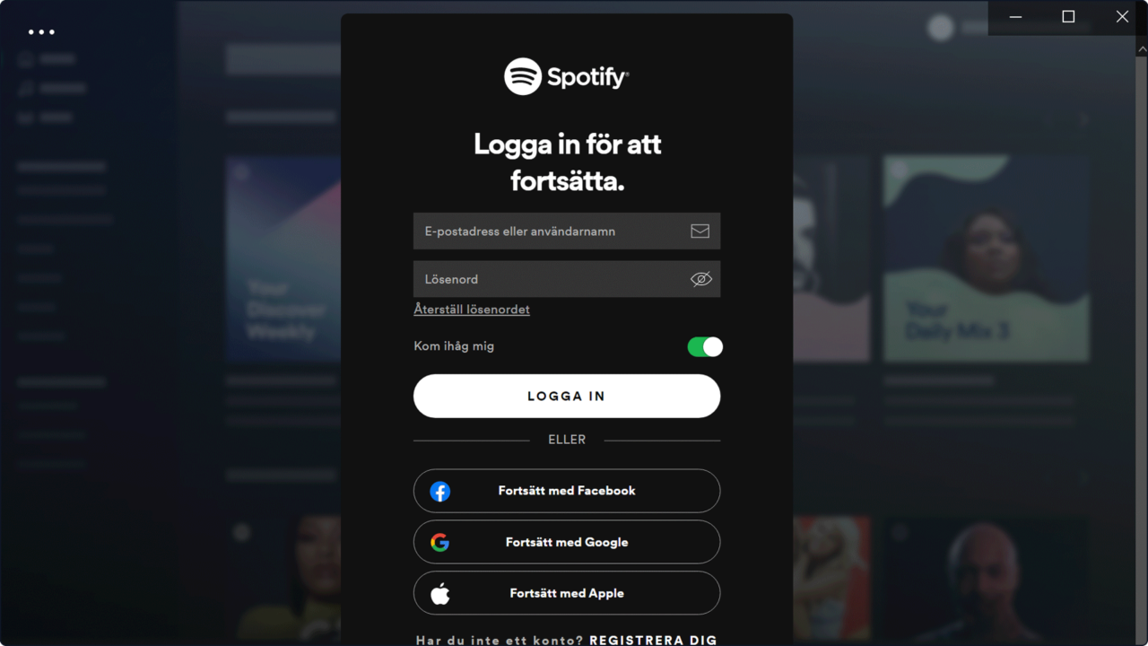 Inloggningssida till Spotify.