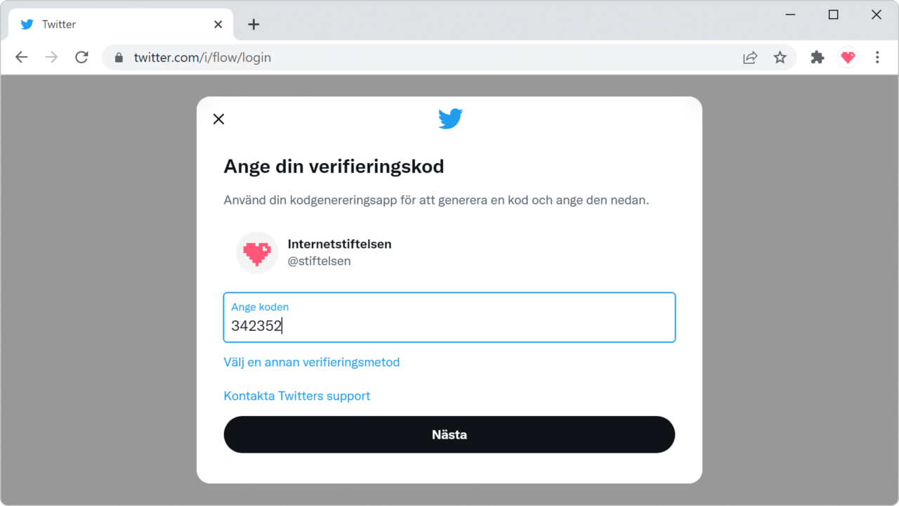Skärmdump på tvåfaktorsautetisiering.