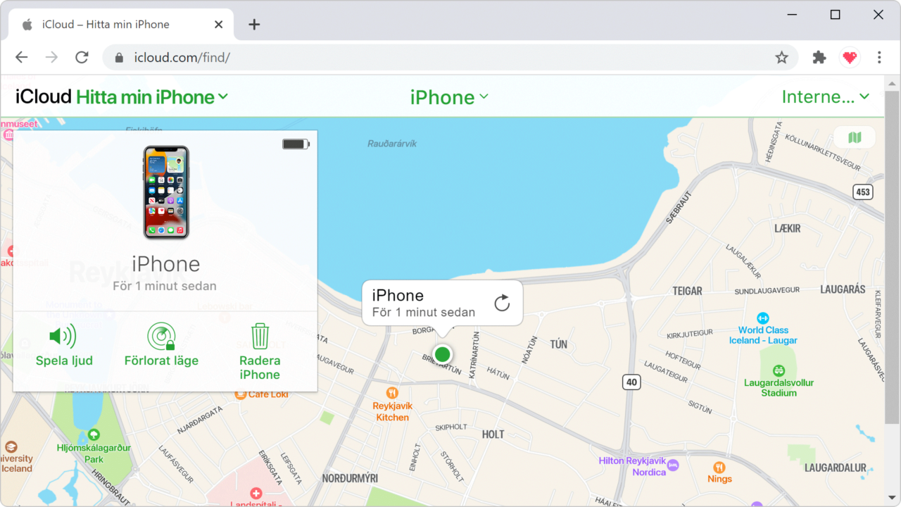 Hitta min iPhone och karta i ett webbfönster.