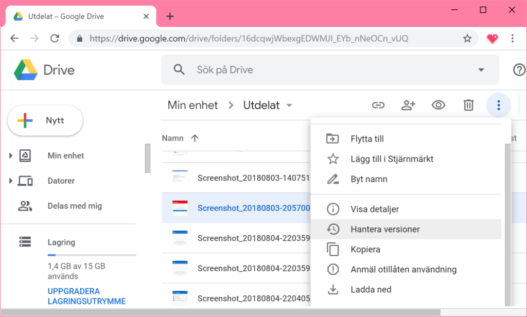 Molnlagringstjänsten Google Drive med versionshantering.