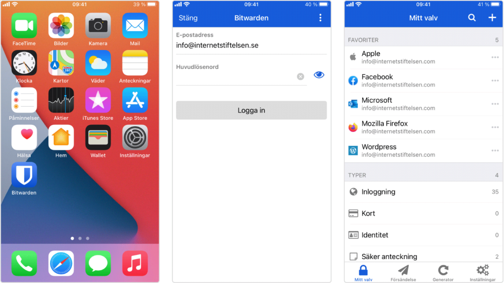 En skärmdump som visar hur lösenordshanteraren Bitwarden ser ut på Iphone