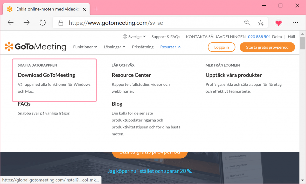 GoToMeetings officiella nedladdningssida.