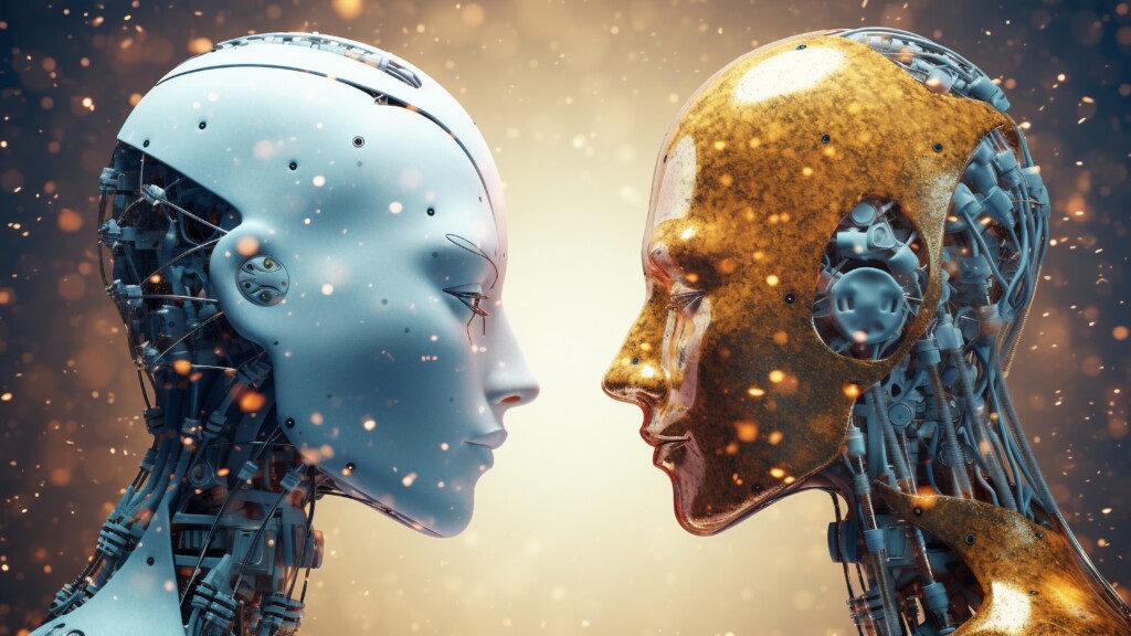 Vad är AI? Två människoliknande robotar står vända med ansiktena mot varandra, den ena är vit, den andra guld.