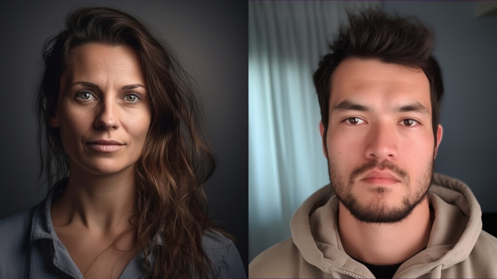 En man och en kvinna på två bilder bredvid varandra – bilderna är ai-genererade.