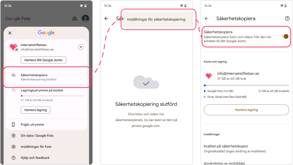 Aktivera säkerhetskopiering av fotografier och videoklipp med Google Foto.