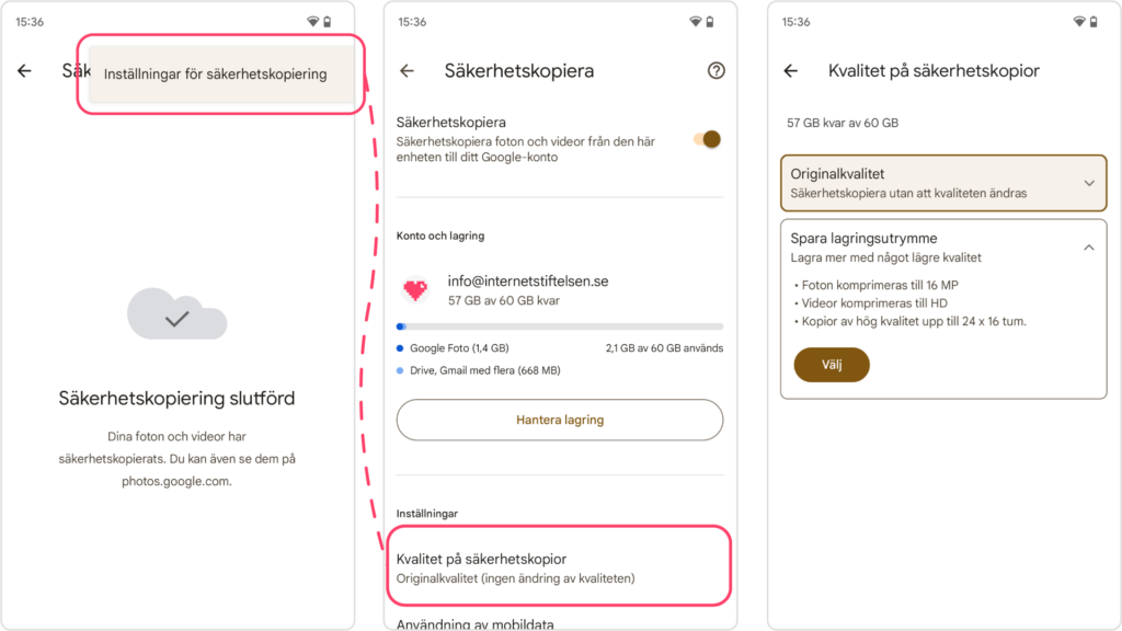 skärmdump på hur man väljer kvalitet på bilder i mobilen.