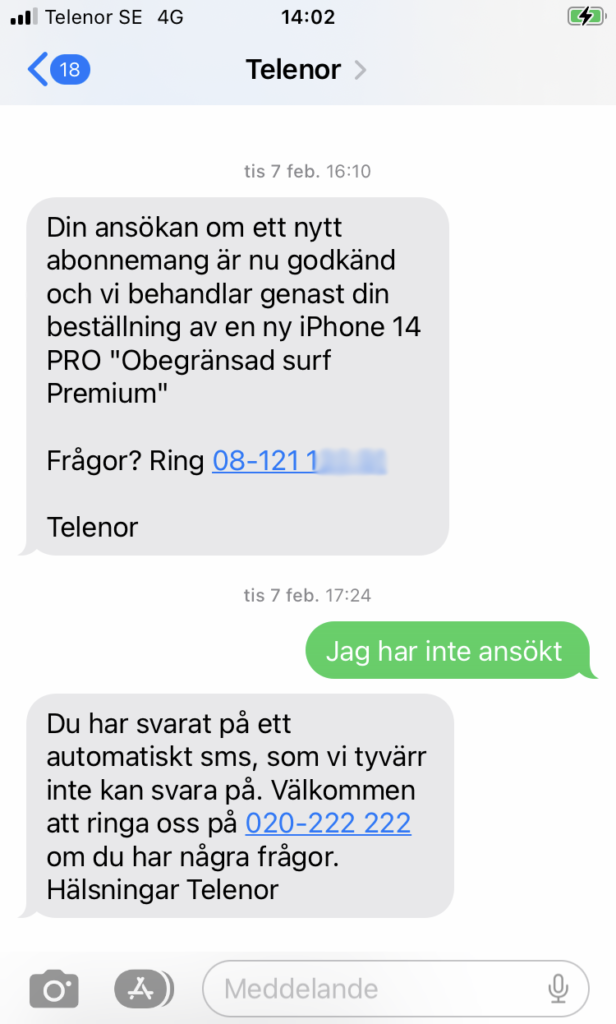 Skärmdump på en sms-konversation där bedragare luras.