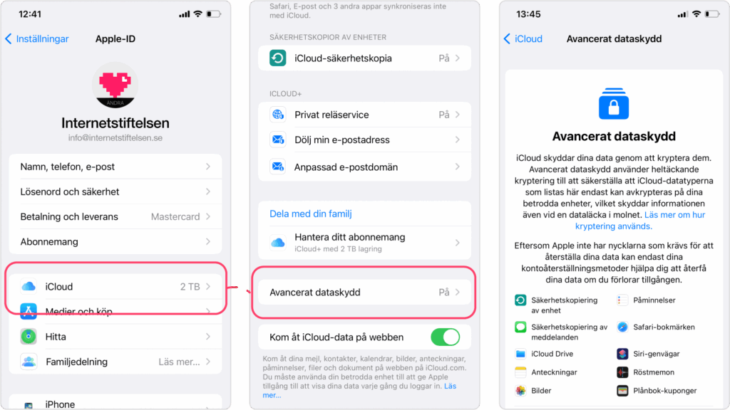 Genom att aktivera Avancerat dataskydd kan vi säkerhetskopiera våra foton och videoklipp till Apples moln utan att ge Apple åtkomst till dem.