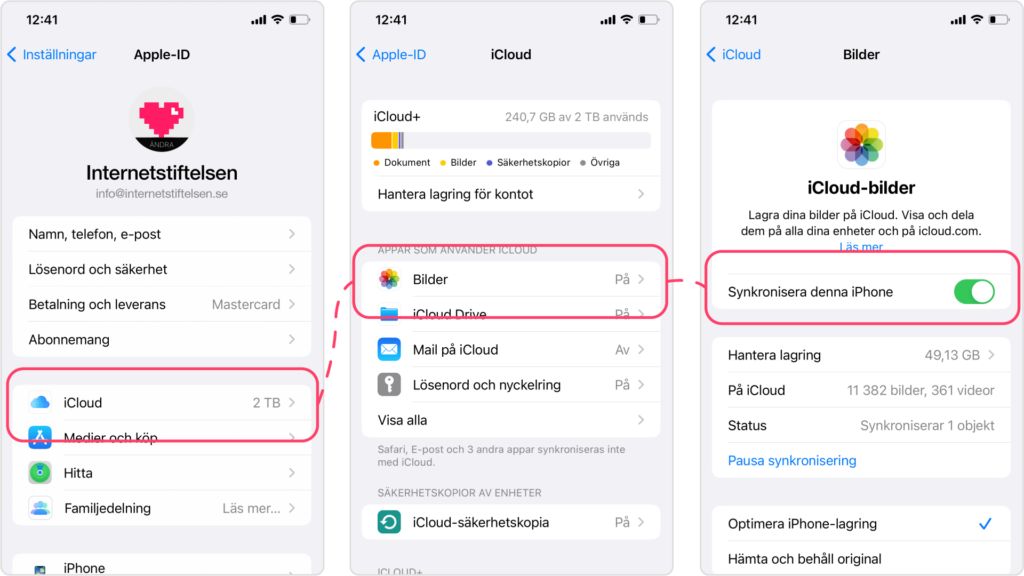 Aktivera säkerhetskopiering av fotografier och videoklipp med Icloud.