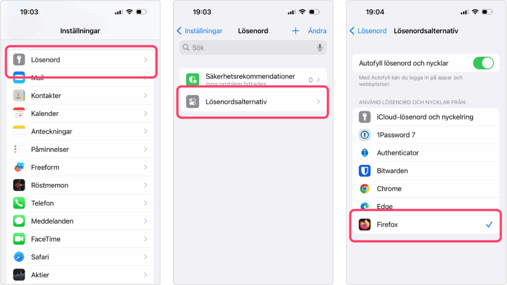 Alt-text: Tre skärmavbilder från IOS 17. Markeringar visar hur användaren ska öppna appen ”Inställningar” och klicka på ”Lösenord” följt av ”Lösenordsalternativ” för att välja vilken app som ska fylla i lösenord.