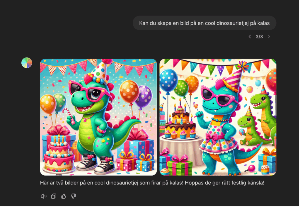 Textutdrag från ChatGPT där användaren ber ChatGPT att generera en bild till en födelsdagsinbjudan.